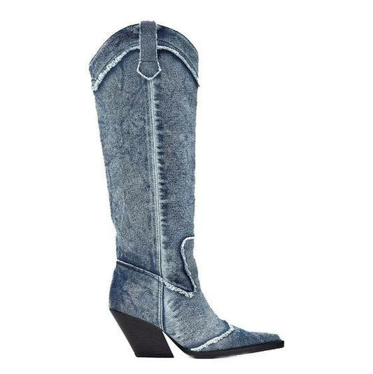 Handcrafted Distressed Denim Knee-High Boots Country in My Heart