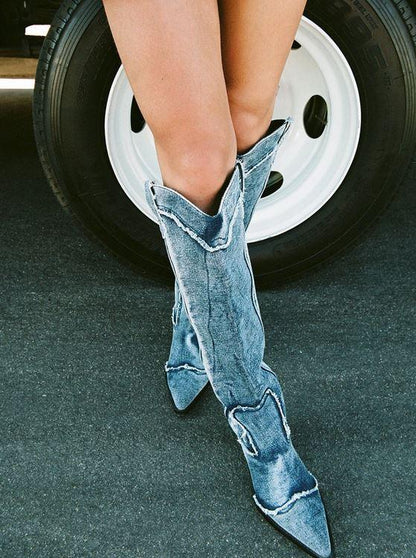 Handcrafted Distressed Denim Knee-High Boots Country in My Heart