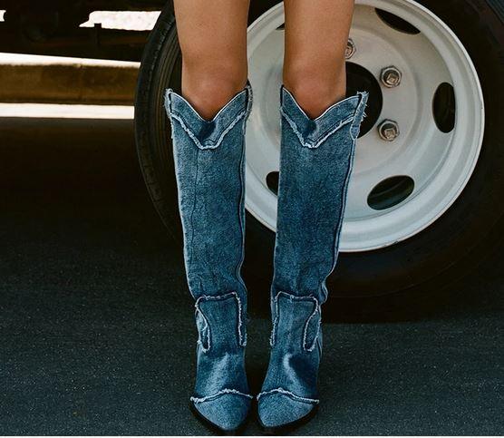 Handcrafted Distressed Denim Knee-High Boots Country in My Heart