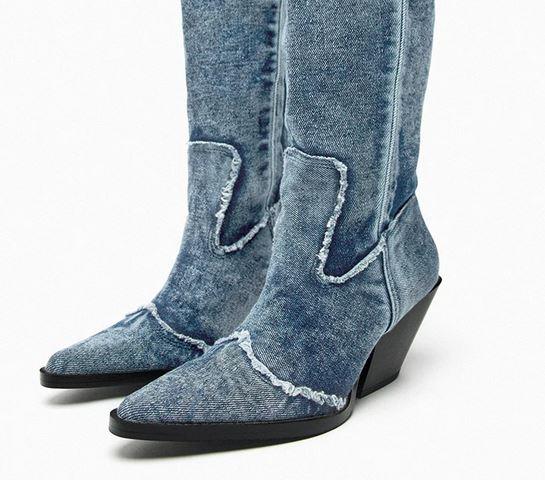 Handcrafted Distressed Denim Knee-High Boots Country in My Heart