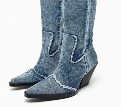 Handcrafted Distressed Denim Knee-High Boots Country in My Heart