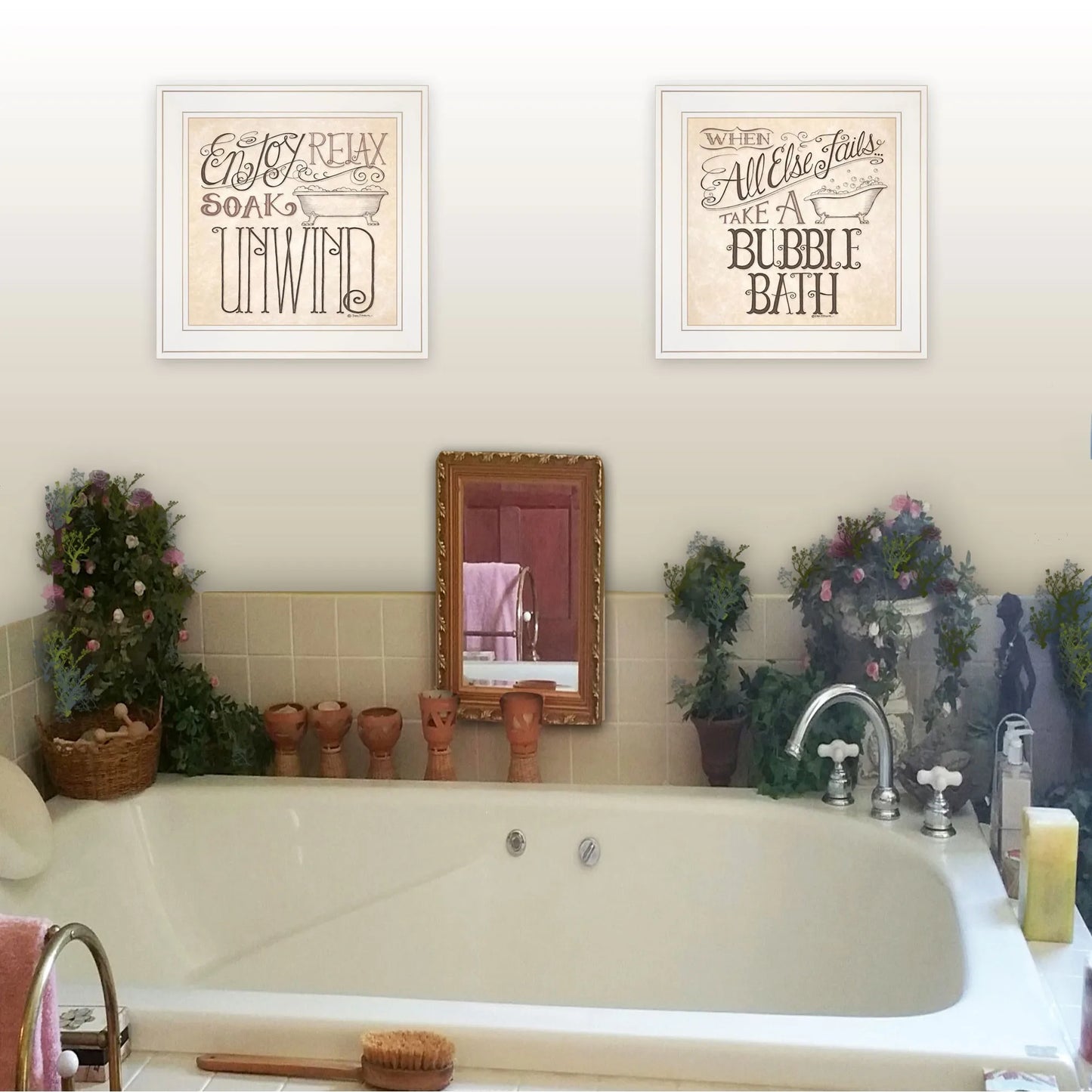 HMS Set of Two White Framed Bathroom Wall Art Prints Soak and Unwind-Home Decor NovaCart