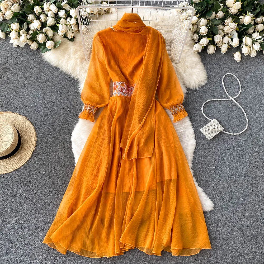 Women's Embroidered Waist Long Dress ANSZKTN Elegant Casual Dress Retro Wear Travel Long Sleeve Vacation Dress NovaCart
