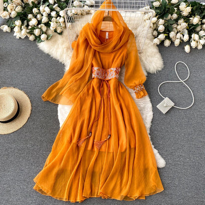 Women's Embroidered Waist Long Dress ANSZKTN Elegant Casual Dress Retro Wear Travel Long Sleeve Vacation Dress NovaCart