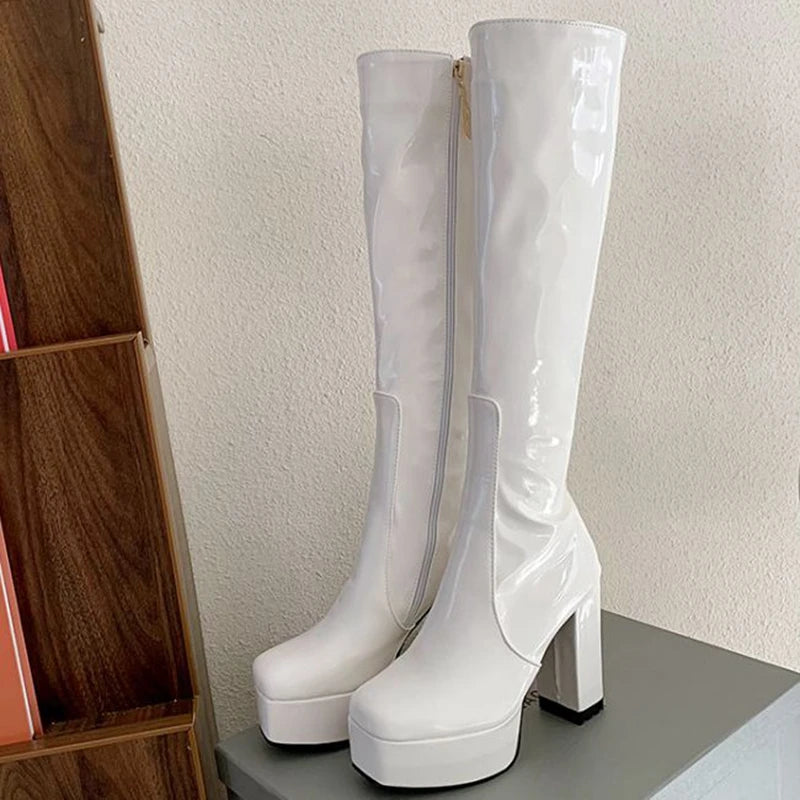 SIMLOVEYO Platform Knee High Boots Toe Block Heels Rubber Size 34-43 Black White Blue S2729 NovaCart