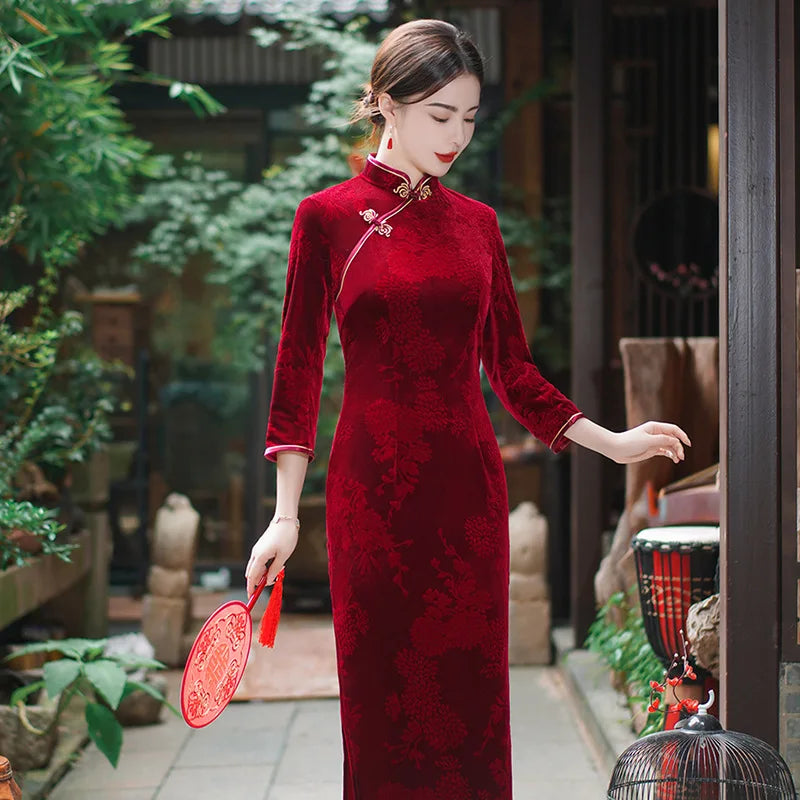 202 National Style Slimming Long Nine-minute Sleeve Wedding Mother Show Wholesale New Velvet Jacquard Cheongpao NovaCart