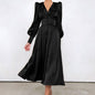 Single Breasted Dress High Waist Satin Long Dress V Neck Women Midi Dresses Lantern Sleeve
