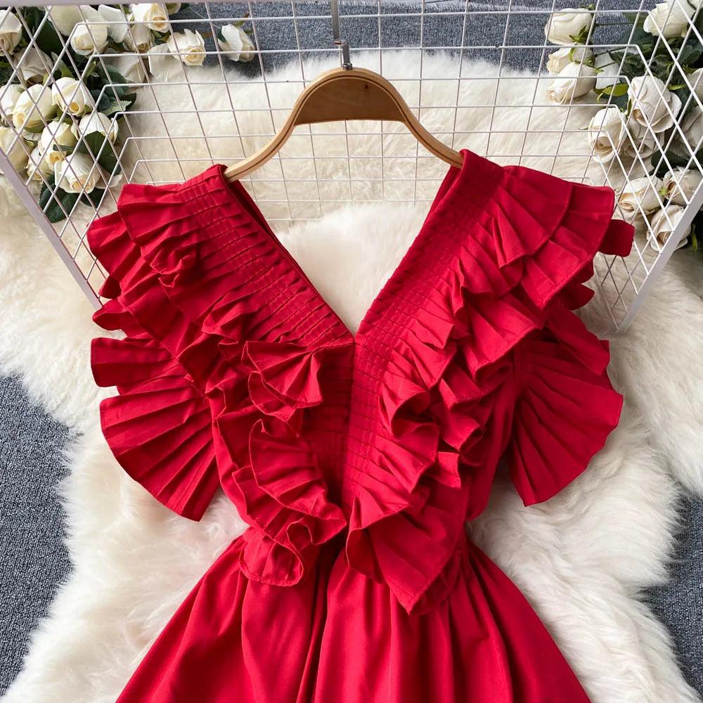 Short Sleeve V-neck Solid A-Line Dress Summer Ruffles High Waist Maxi Dress Ladies Elegant Dresses Clothes Women Wholesale NovaCart
