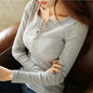 Cotton Women Spring O Neck Pullover Long Sleeve T Shirt Loose Leisure Buttons Feminina Tee Female Tops