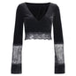 Ins Goth Sexy Women Gothic Crop Top Flare Long Sleeve Lace Hollow Out Black  V-neck T-shirt