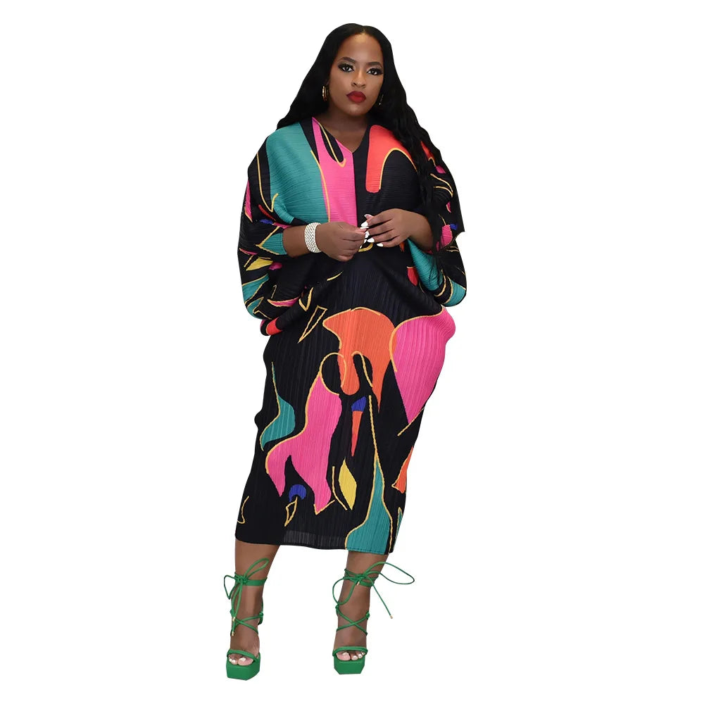 Hot Selling V-neck Bat Sleeve Printed Pleated Dress Stretch Fabric Dresses