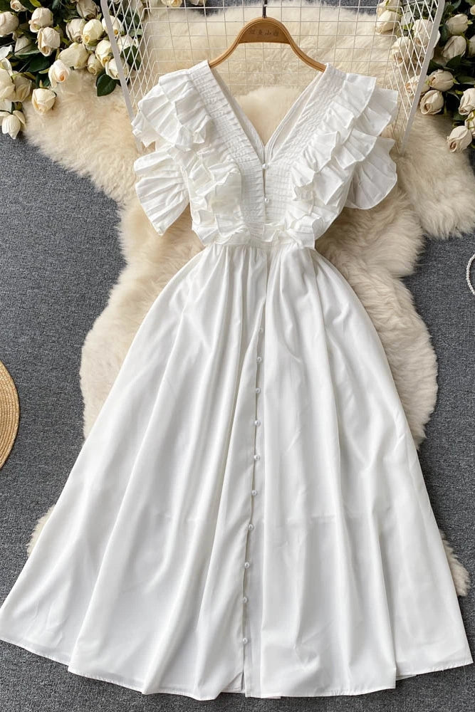 Short Sleeve V-neck Solid A-Line Dress Summer Ruffles High Waist Maxi Dress Ladies Elegant Dresses Clothes Women Wholesale NovaCart