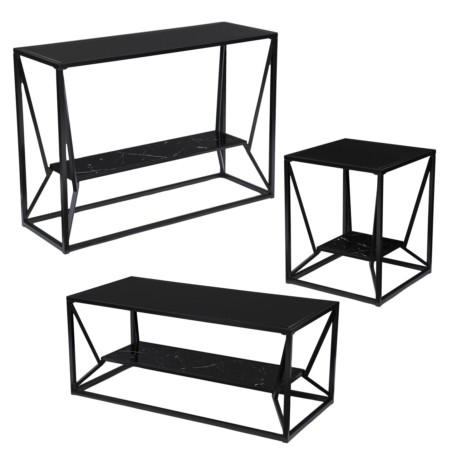 HMS 42\" Tea Table Black Glass Faux Marble Metal Traditional Scandinavian Chinese Style Featuring Sintered Stone Material Shelf NovaCart