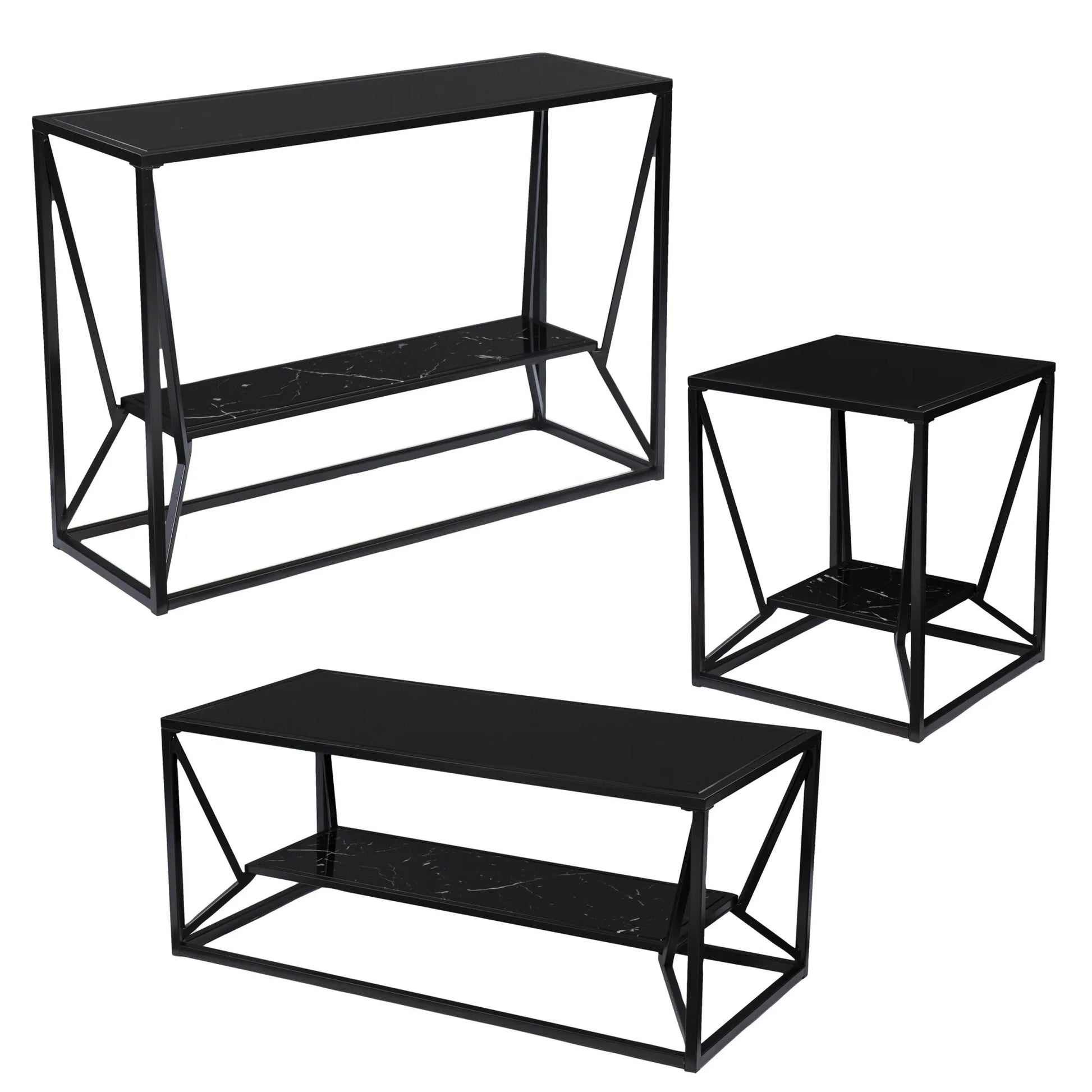 HMS 42\" Tea Table Black Glass Faux Marble Metal Traditional Scandinavian Chinese Style Featuring Sintered Stone Material Shelf NovaCart