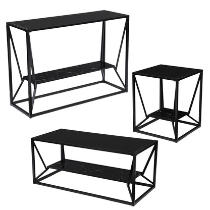 HMS 42\" Tea Table Black Glass Faux Marble Metal Traditional Scandinavian Chinese Style Featuring Sintered Stone Material Shelf NovaCart