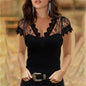 Casual V-neck Lace Short Sleeve T-shirt for Women  Clothes Sexy Solid Tee Shirt Office Lady Top
