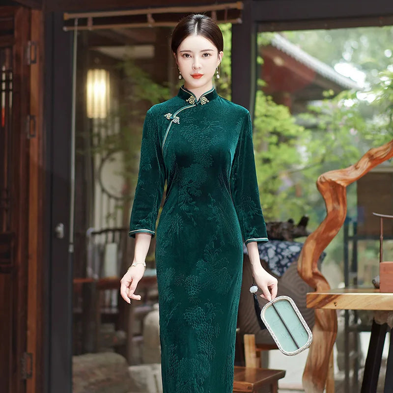 202 National Style Slimming Long Nine-minute Sleeve Wedding Mother Show Wholesale New Velvet Jacquard Cheongpao NovaCart