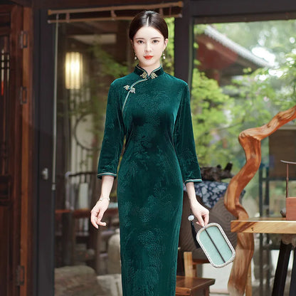 202 National Style Slimming Long Nine-minute Sleeve Wedding Mother Show Wholesale New Velvet Jacquard Cheongpao NovaCart
