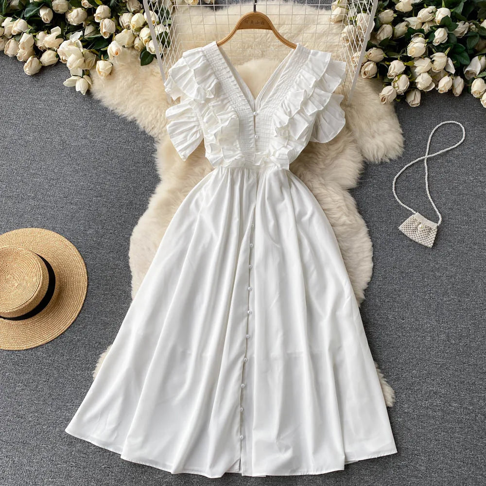 Short Sleeve V-neck Solid A-Line Dress Summer Ruffles High Waist Maxi Dress Ladies Elegant Dresses Clothes Women Wholesale NovaCart