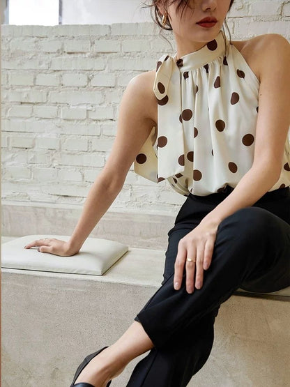 Ladies Halter Camisole Women Polka Dot Outwear Chiffon Shirts Loose Sleeveless Tops