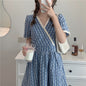 Women Summer V Neck Jacquard Floral Long Dress High Waist Short Sleeve Exquisite Midi Dresses