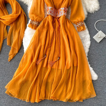 Women's Embroidered Waist Long Dress ANSZKTN Elegant Casual Dress Retro Wear Travel Long Sleeve Vacation Dress NovaCart