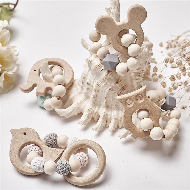 Modern Baby Silicone Wooden  Nursing Bracelets Wood Teether Silicone Beads Teething Wood Rattles Toys for Baby Stevvex