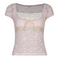 Trim Crop Top Bow Cute Sweet T Shirt Women Retro Short Sleeve Lace Patched Tshirt