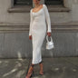 2022 Knitted Green Midi Sexy Bodycon Women Dress Spring Long Sleeve Off Shoulder Split Sweater Dresses