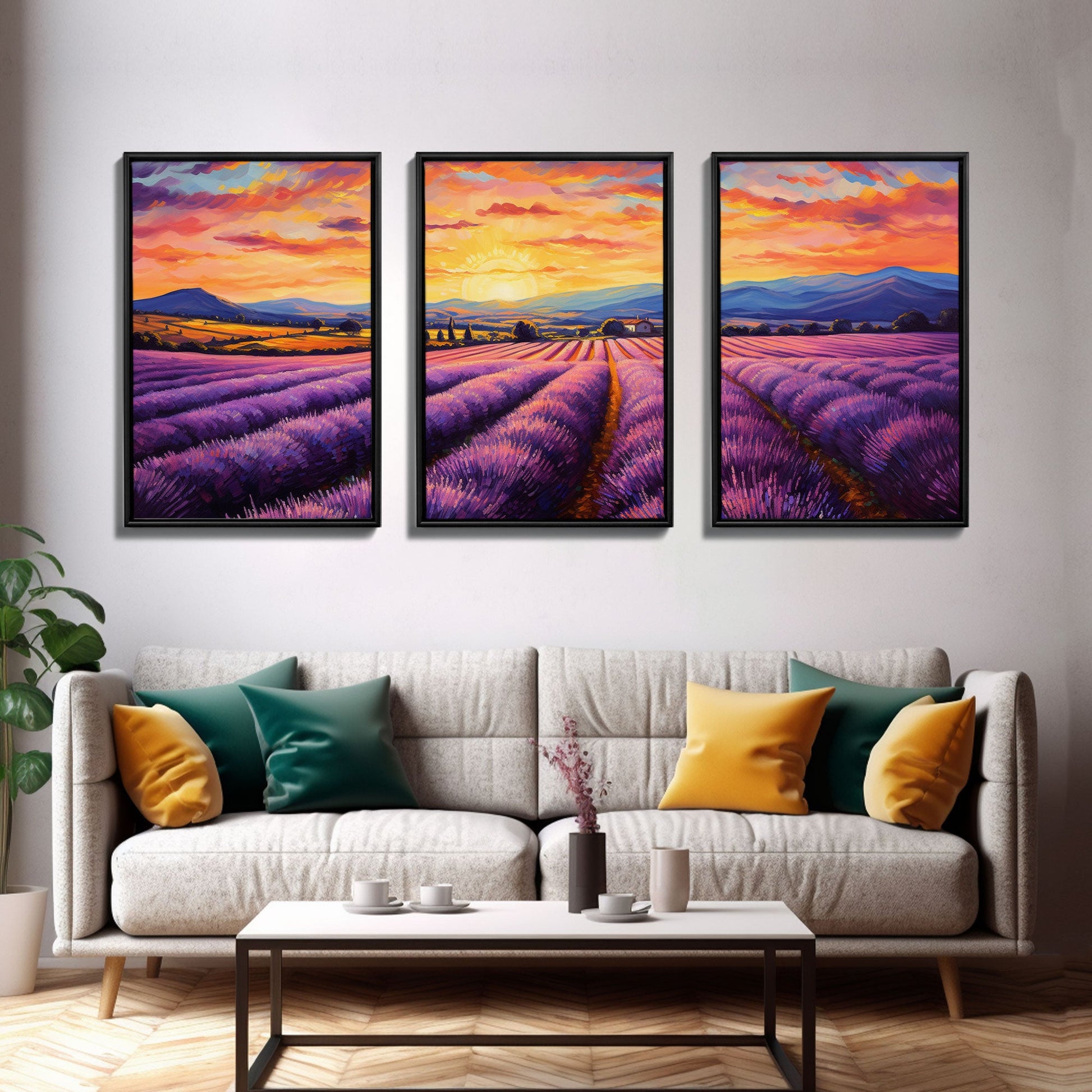 Purple Lavender Fields, 3 Piece Wall Art, Framed Canvas Print, Beautiful Original Landscape Painting, Sunset Painting, Farmhouse Decor NuevArt