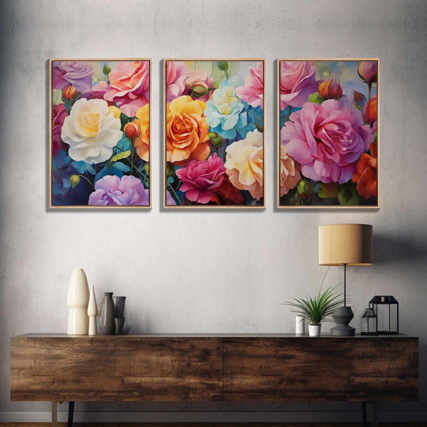 Beautiful Rose Art, Framed Canvas Print, Floral Art, Botanical  Decor, Blue and Yellow Roses, 3 Piece Art Set NuevArt
