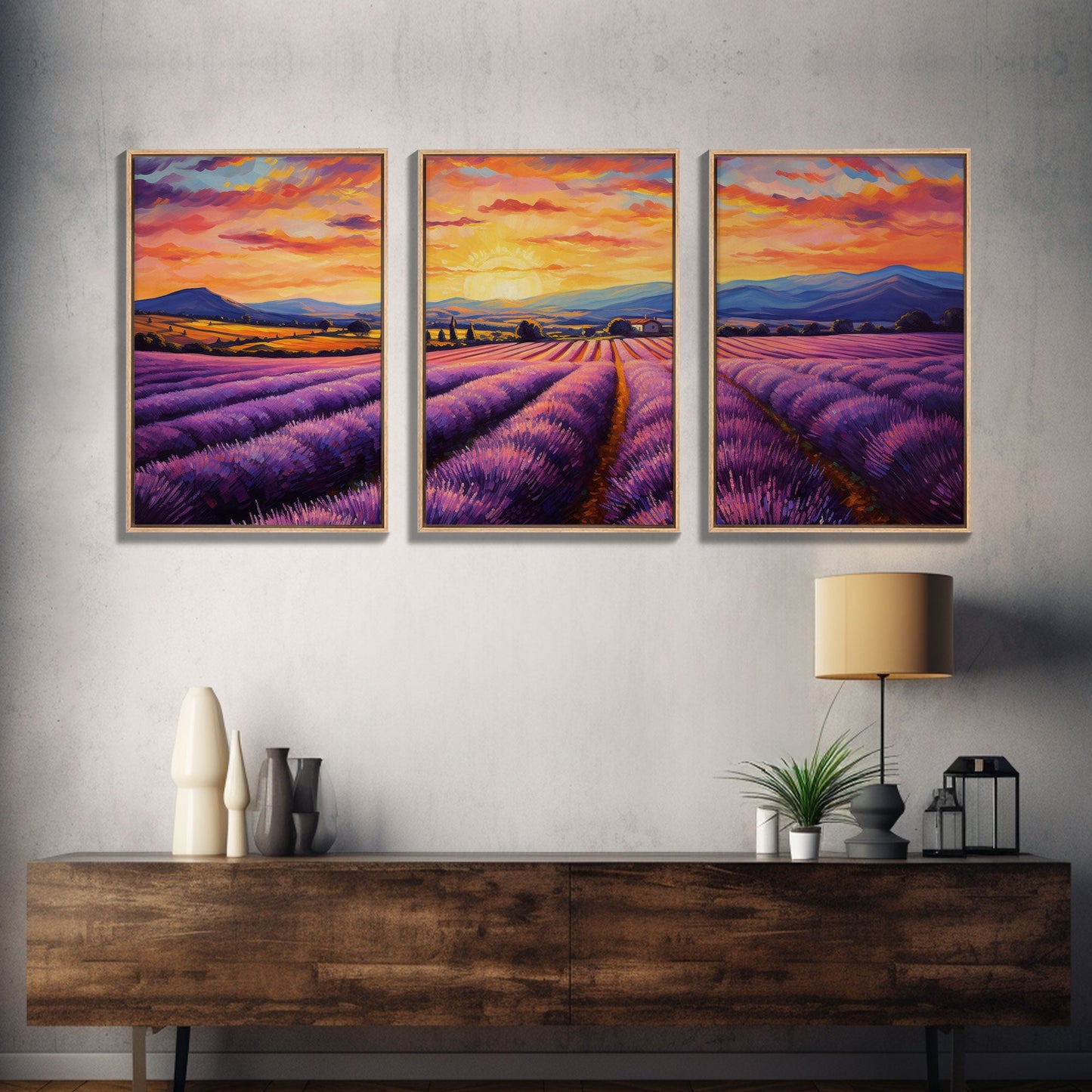 Purple Lavender Fields, 3 Piece Wall Art, Framed Canvas Print, Beautiful Original Landscape Painting, Sunset Painting, Farmhouse Decor NuevArt