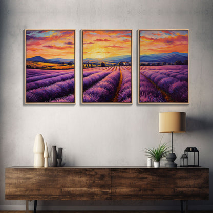 Purple Lavender Fields, 3 Piece Wall Art, Framed Canvas Print, Beautiful Original Landscape Painting, Sunset Painting, Farmhouse Decor NuevArt