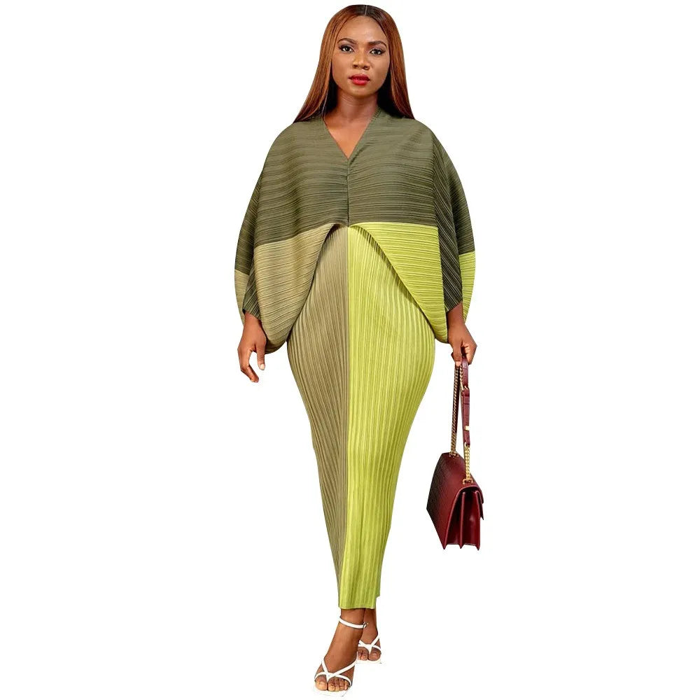 Hot Selling V-neck Bat Sleeve Printed Pleated Dress Stretch Fabric Dresses