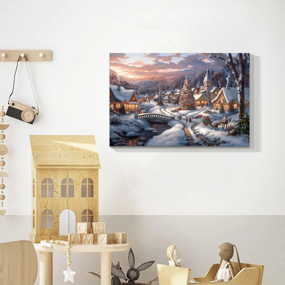 Winter Christmas Scene Canvas Print: Magical Snowy Village & Tree, Unique Wall Art Perfect for Home Hanging Printing Decoration NovaCart