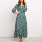 Women Chiffon Long Dress Floral Print Lantern Sleeve A-line Maxi Vestidos Vintage V Neck Dresses