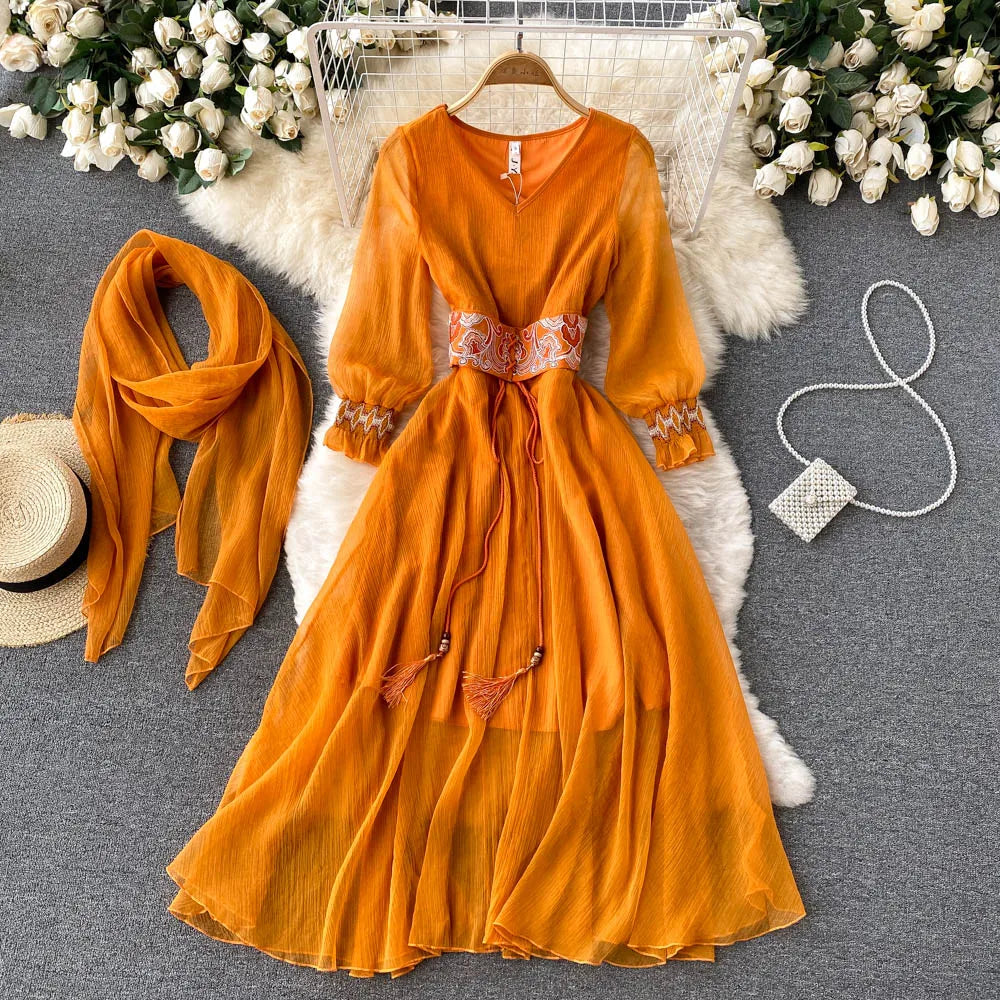 Women's Embroidered Waist Long Dress ANSZKTN Elegant Casual Dress Retro Wear Travel Long Sleeve Vacation Dress NovaCart