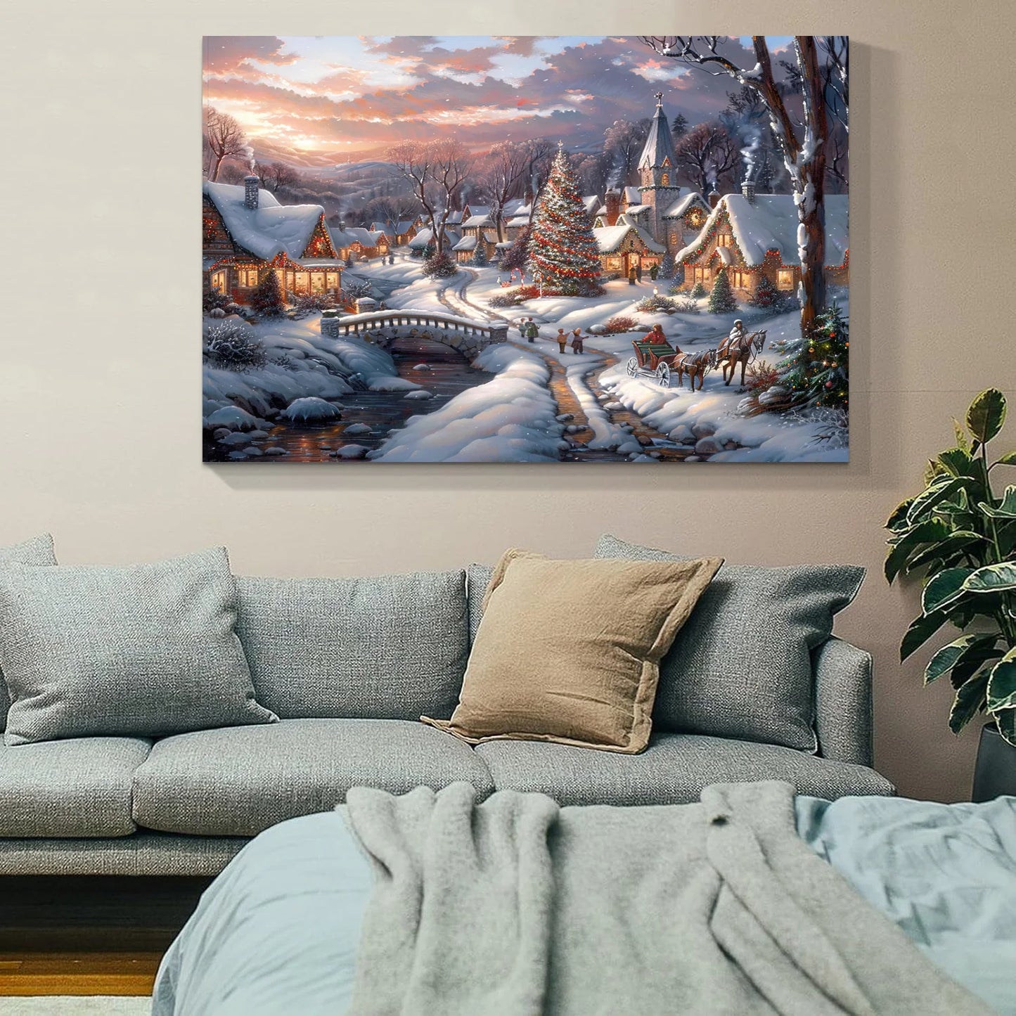 Winter Christmas Scene Canvas Print: Magical Snowy Village & Tree, Unique Wall Art Perfect for Home Hanging Printing Decoration NovaCart