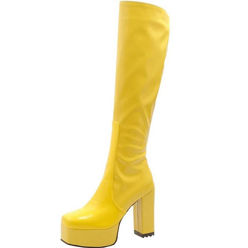 SIMLOVEYO Platform Knee High Boots Toe Block Heels Rubber Size 34-43 Black White Blue S2729 NovaCart