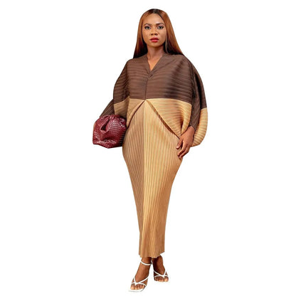 Hot Selling V-neck Bat Sleeve Printed Pleated Dress Stretch Fabric Dresses