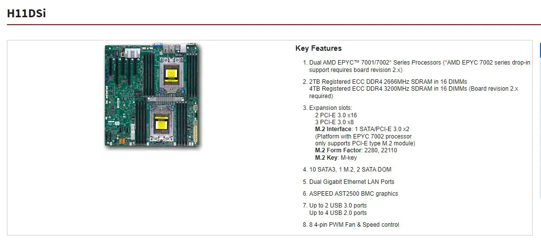 H11DSI Rev 2.0 E-ATX DDR4 Refurbished Server Motherboard with Integrated Graphics SATA Dual AMD EPYC 7001/7002 CPU Processor NovaCart