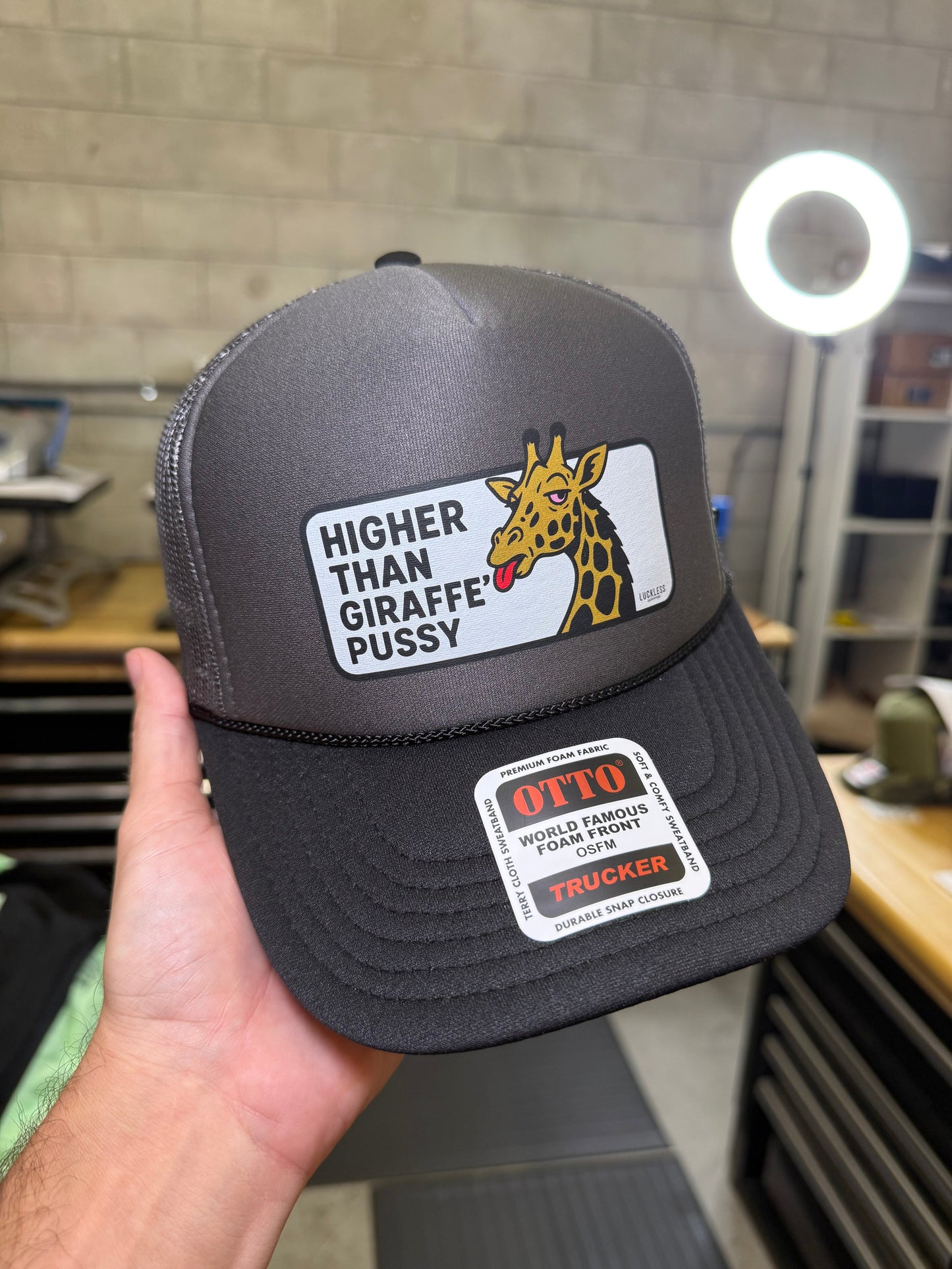 Higher Than Giraffe Pussy Trucker Hat Luckless Outfitters