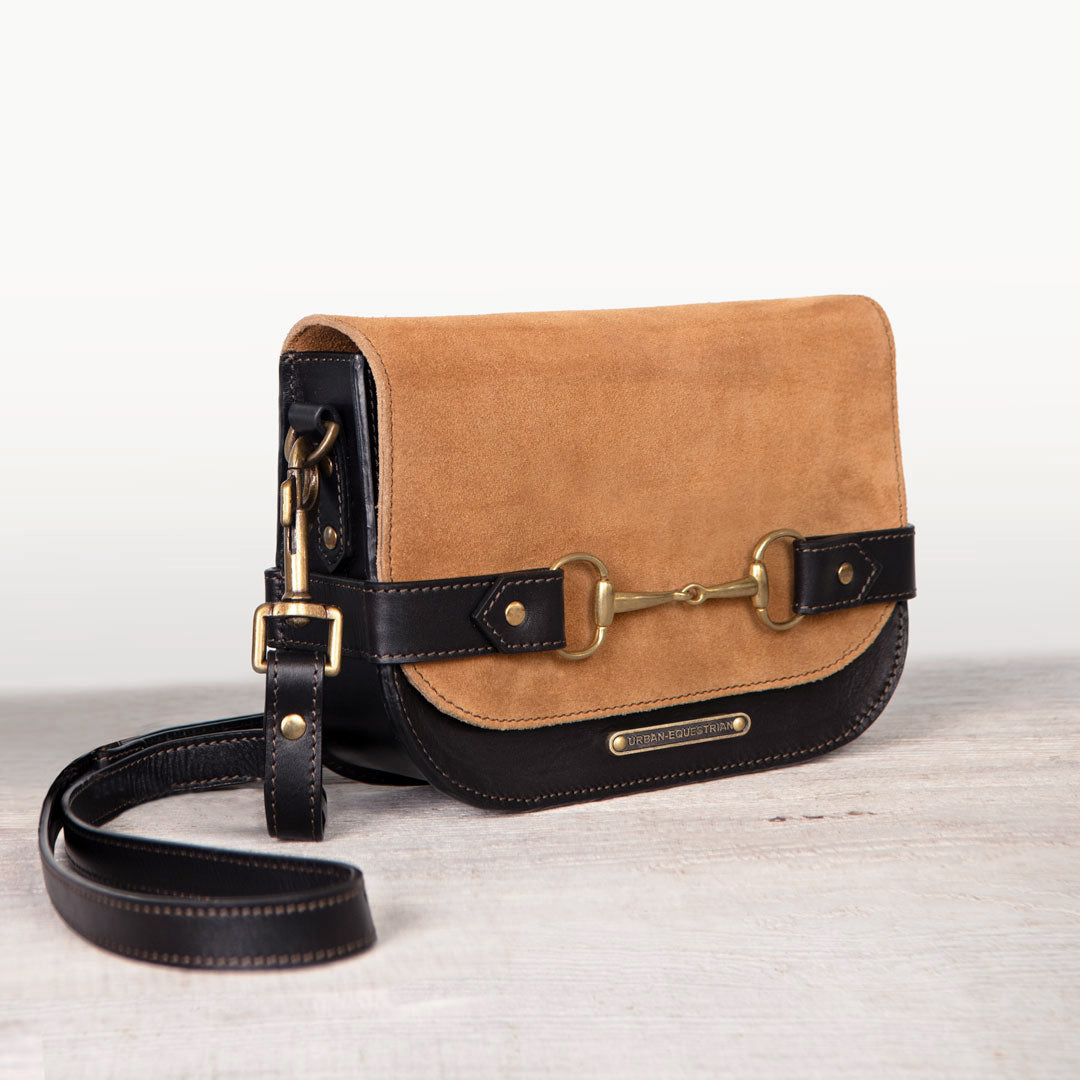 Saratoga- Horse Bit Crossbody Luxury Leather Handbag in Black on Chestnut Urban-Equestrian