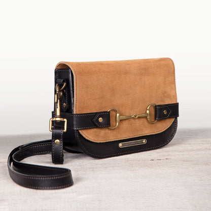 Saratoga- Horse Bit Crossbody Luxury Leather Handbag in Black on Chestnut Urban-Equestrian