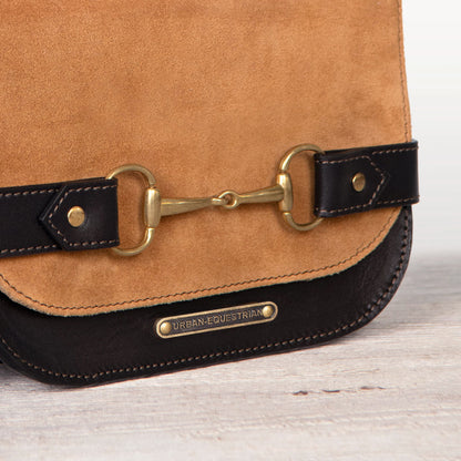 Saratoga- Horse Bit Crossbody Luxury Leather Handbag in Black on Chestnut Urban-Equestrian