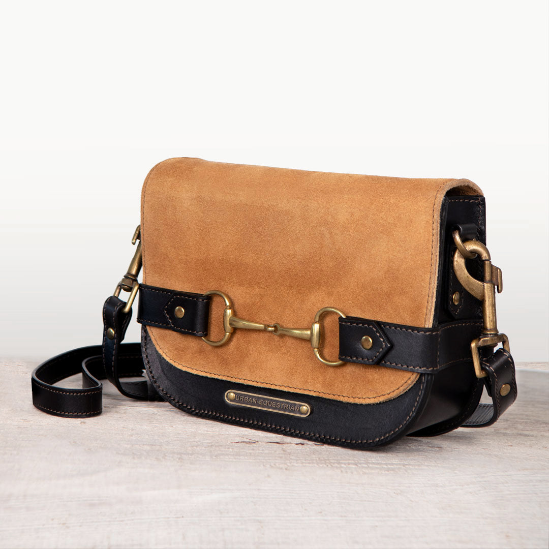 Saratoga- Horse Bit Crossbody Luxury Leather Handbag in Black on Chestnut Urban-Equestrian