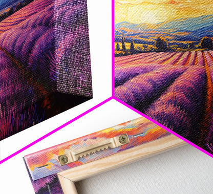Purple Lavender Fields, 3 Piece Wall Art, Framed Canvas Print, Beautiful Original Landscape Painting, Sunset Painting, Farmhouse Decor NuevArt