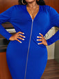 Plus Size V Neck Long Sleeve Zipper Dress XL-5XL
