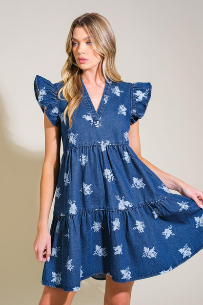 ROMANTICALLY ENTANGLED DENIM MINI DRESS Flying Tomato