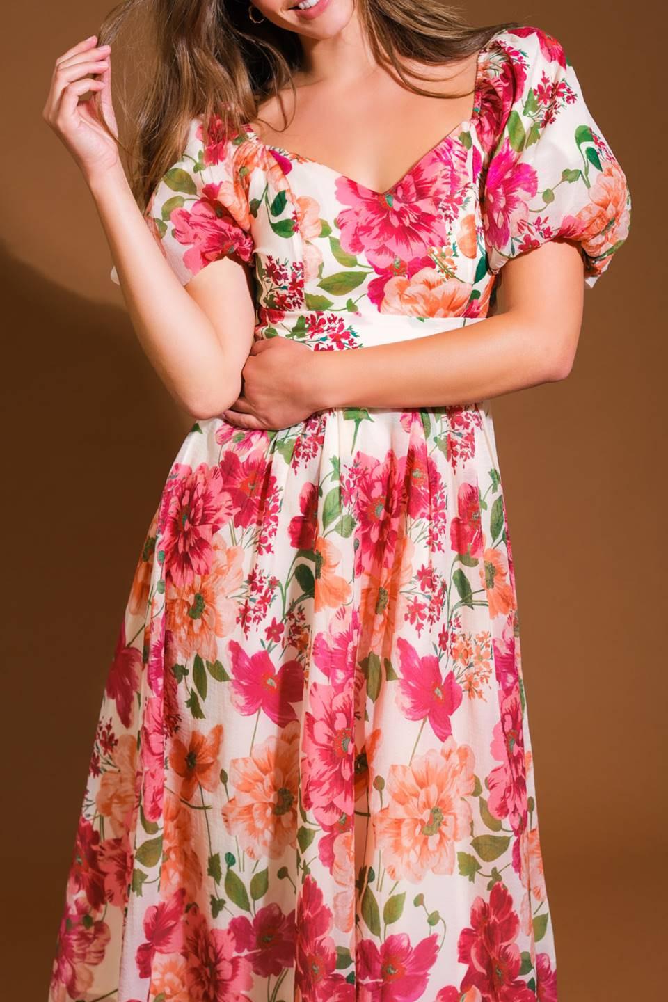 FLORAL REVERIE WOVEN MIDI DRESS Flying Tomato